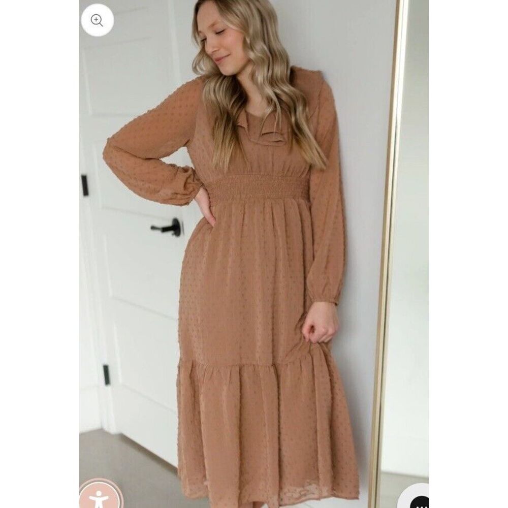 Polygram Embroidered Cinch Waist Dress Brown Size M Midi Length